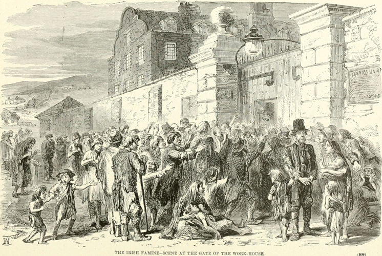 Artowrk showing a scene at the gate of the workhouse, c. 1846, during the Great Irish Famine.