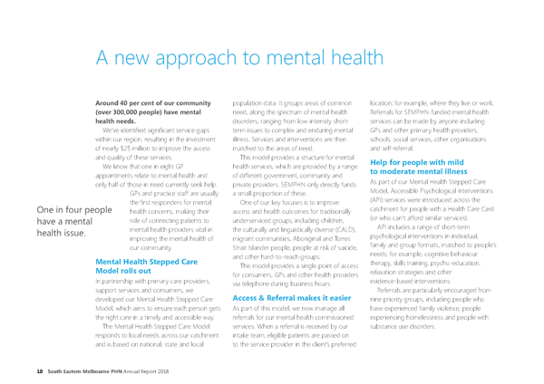 South Eastern Melbourne Primary Network (SEMPHN) Annual Report 2018. Page 10 focusing on mental health.