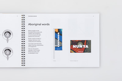  Page 25 from OVAHS Brand Guidelines showing simple Aboriginal words on a flag and thank you card.