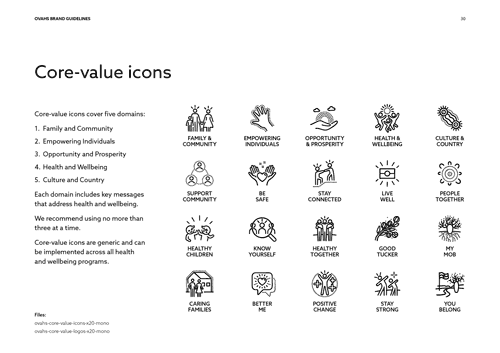 Core-value icons designed to cover five domains. Each domain includes key messages that address health and wellbeing.