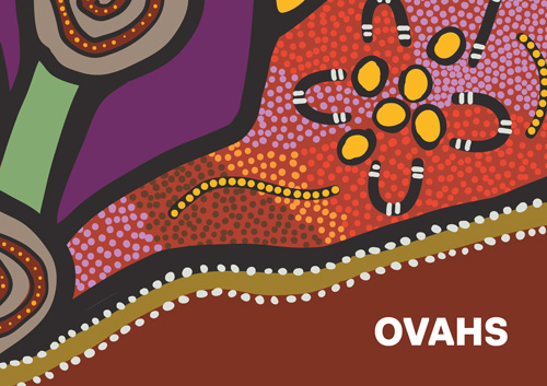 Front cover for brand guideline designed for Ord Valley Aboriginal Health Service (OVAHS). Image shows the OVAHS logo and graphic elements.