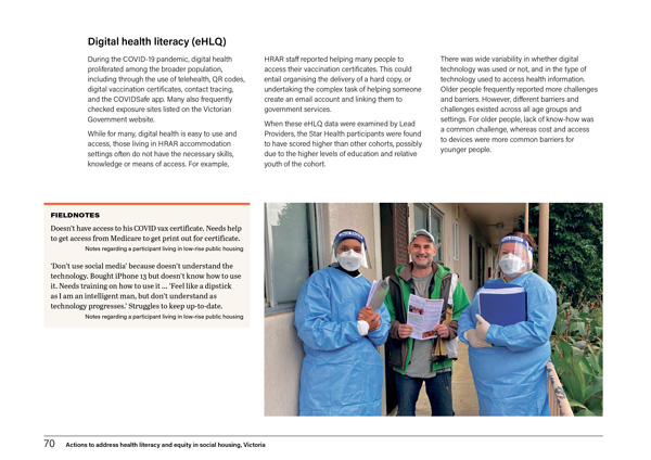Page 70, layout design showing an arrangement of body copy, a text box and a photograph of people in PPE clothing.