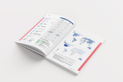 Pages 34–35. Double-page spread showing tables of data, world maps, donut graphs and bar charts.