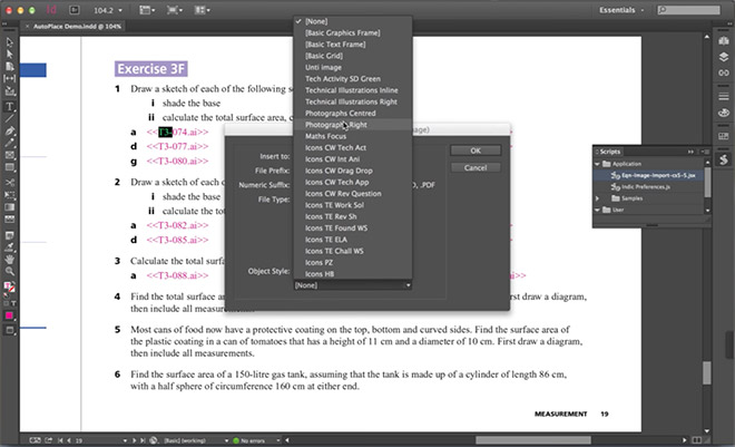 AutoPlace for InDesign. InDesign interface showing dialogue box.