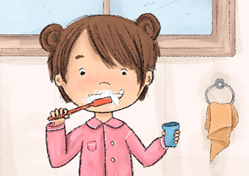 Illustration showing a child brushing her teeth in a bathroom. She is holding a cup of water which is a water wise way to rinse her mouth after brushing.