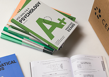 Photograph showing psychology study guides from the Cengage A+ series.