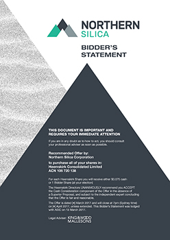 Front cover of Norhtern Silica Bidder's Statement