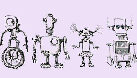 Illustration of four different hand drawn robots representing the idea of branding.