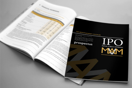 Image of prospectus, cover design and internal page spread, designed for Microequities Initial Public Offering.
